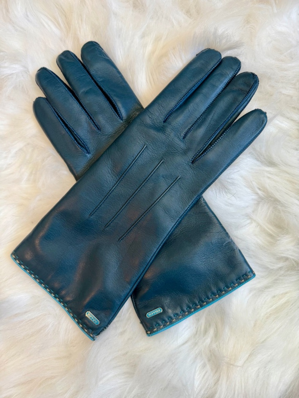 Coach Teal Leather Gloves with Cashmere Lining